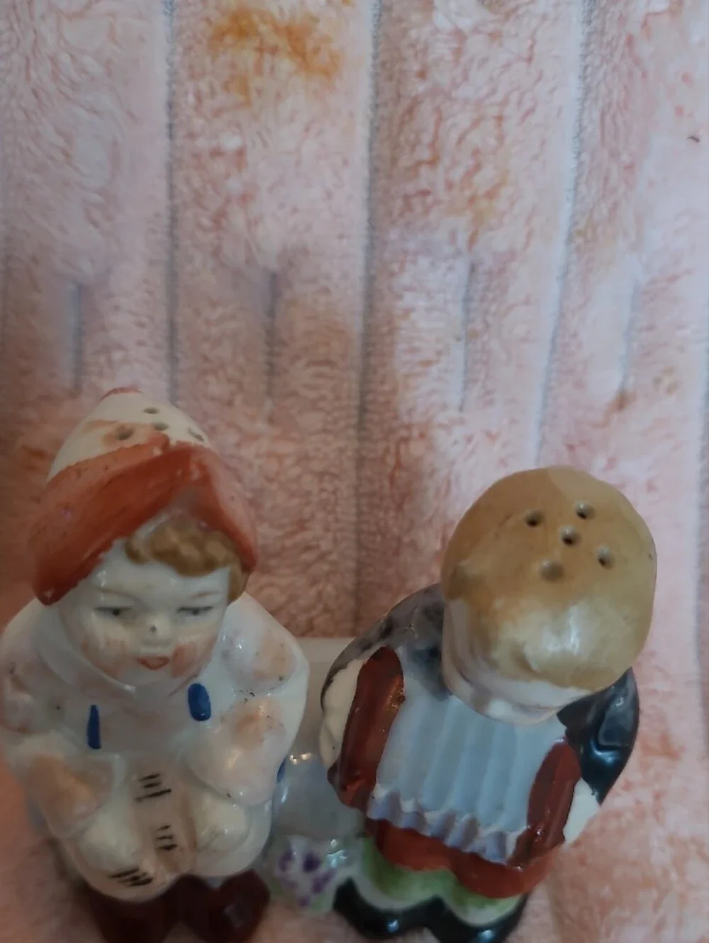 Hand-Painted Porcelain Boy and Girl  Salt And Pepper Pair. Japan Vintage Sitters